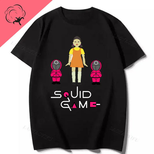 Squid Game Black T-Shirt – Red Light, Green Light Doll & Guards