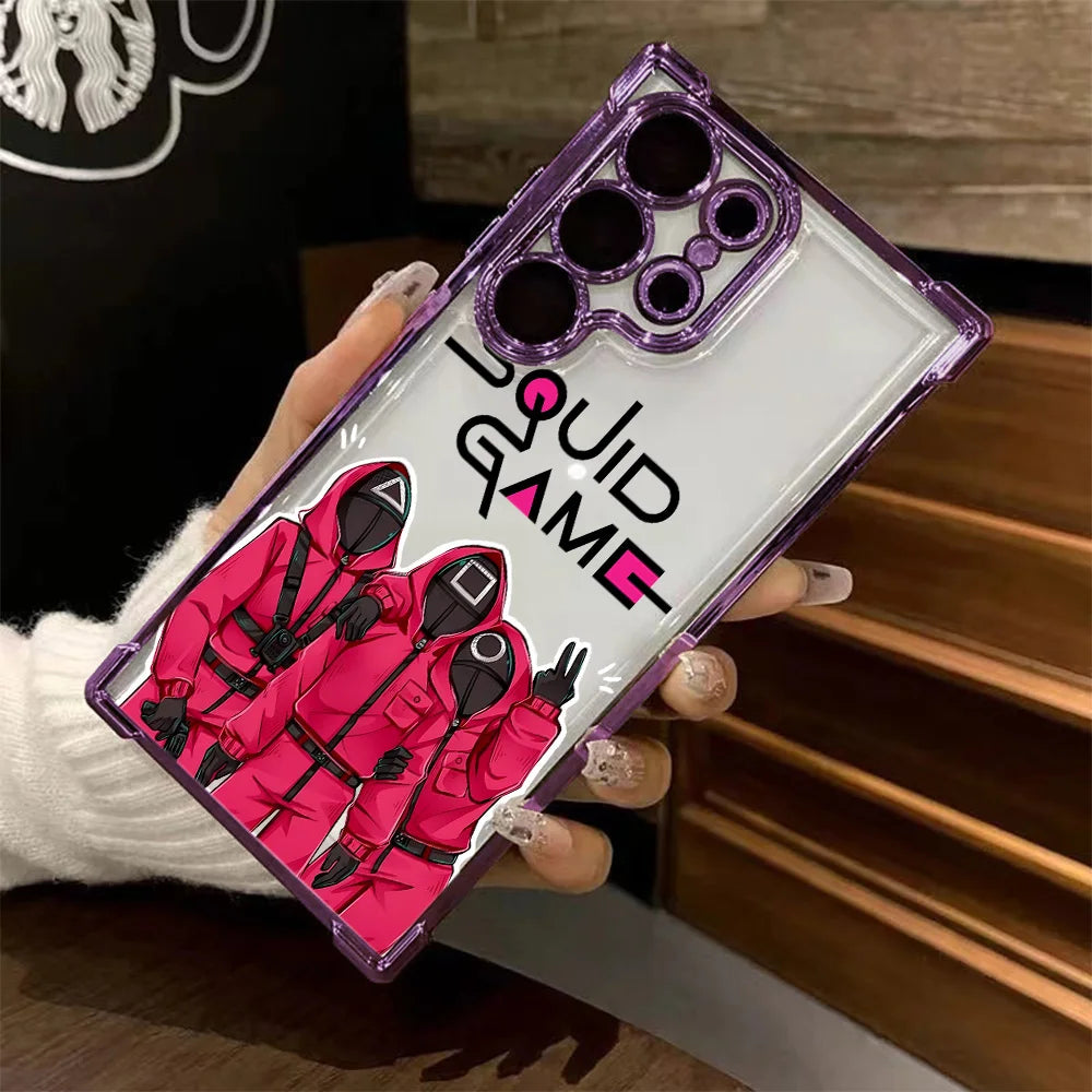 Squid Game Oppo Phone Case – Guard Trio Transparent Design (Purple Frame)