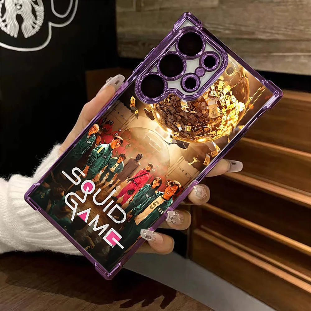 Squid Game Oppo Phone Case – Contestants & Cash Ball Design (Purple Frame)