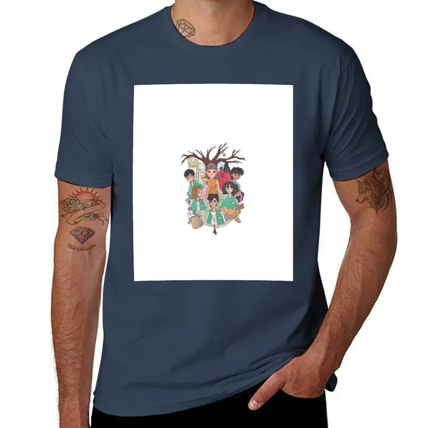 Squid Game Character Illustration T-Shirt – Navy Blue